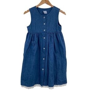 Vintage Samara Dress‎ Girls Large Blue Cotton Denim Button Front Sleeveless Lace